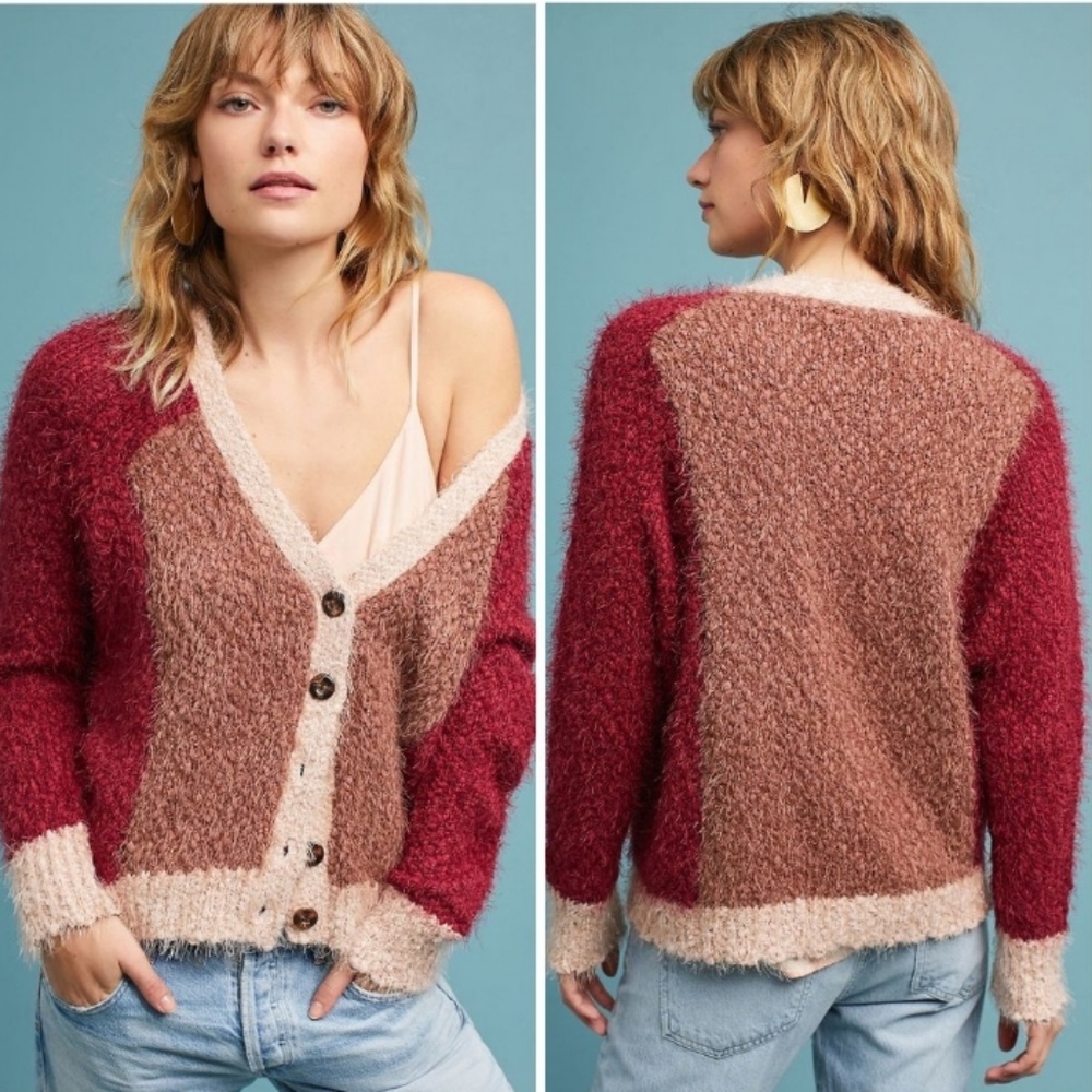 Anthropologie Moth Holiday Party Fuzzy Eyelash Colorblock Cardigan Sz S